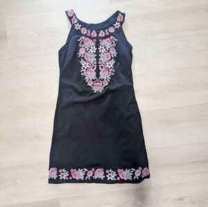 INC Black Dress with Pink Floral Embroidery